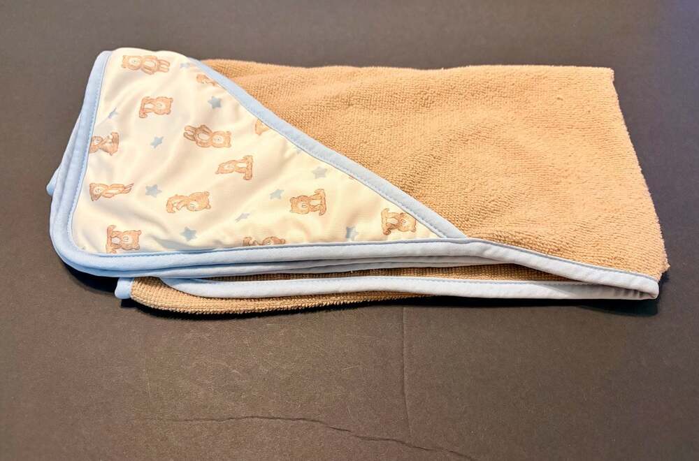 Baby Hooded Bath Towel Brown Bear and Blue Stars Print with Light Blue Trim